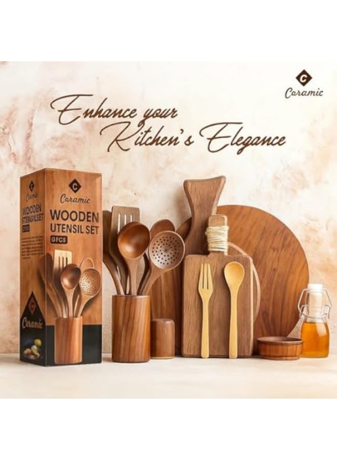 CERAMIC Wooden Spoons For Cooking 6 Piece Organic Bamboo Utensil Set With Holder Wood Kitchen Utensils Spatula Spoon For High Heat Stirring In Nonstick Pots & Pans Quality (Dark Brown) - Image 2